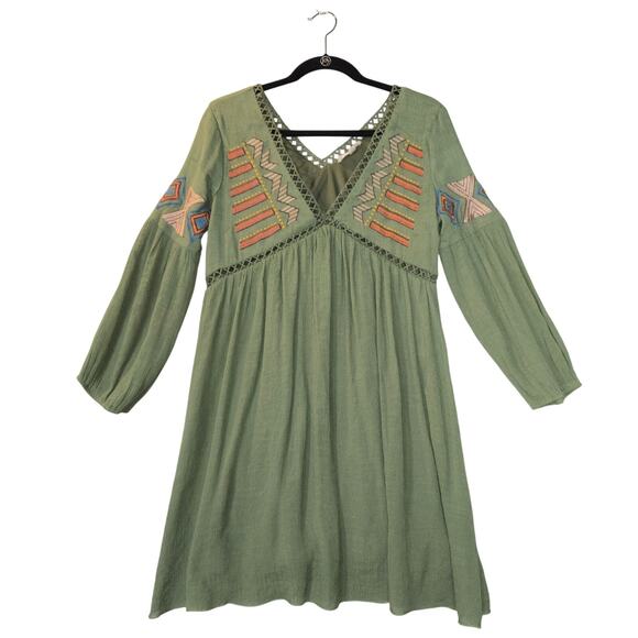 Rebellion Again Womens L Mini Dress Green Triangle Cutouts Tribal Rustic Aztec - Picture 7 of 13